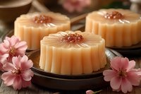 Delicate Asian pudding desserts with floral jelly topping arranged on dark plates, decorated with pink cherry blossoms, creating elegant oriental atmosphere.