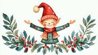 Cheerful winter elf character with red hat and green coat surrounded by festive holly berries and leaves watercolor composition on white background.