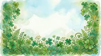 Watercolor green clover and fern border frame with soft sky background, perfect for St. Patricks Day cards, invitations, and seasonal designs.