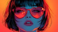Young Asian woman wearing heart-shaped red sunglasses with stars reflection against vibrant orange and blue gradient background, bob haircut and parted lips.