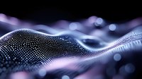 Flowing digital particle wave visualization in dark blue and purple tones with bokeh light effects creates modern technology and innovation concept background.
