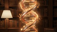 Glowing DNA helix neon sign with warm golden light in library setting, symbolizing science, genetics, and knowledge for educational and research projects.
