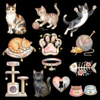Cute cats collection with toys, paw print, yarn ball, fish skeleton, cat tree, trampoline, food bowls and heart on transparent background. Ready for t-shirt designs, stickers, clipart and print-on-demand products.
