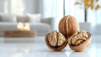 Whole and cracked walnuts showing brain-shaped kernels on white table, soft blurred living room interior with autumn decor in background.