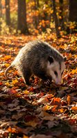 Opossum foraging among colorful autumn leaves in forest setting with warm golden sunlight filtering through trees creating natural wildlife scene.