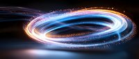 Glowing spiral light trail with blue and orange particles creating dynamic motion effect against dark background, abstract energy flow visualization.