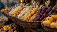 Fresh harvest display of colorful corn varieties and pumpkins in rustic woven baskets at farmers market, showcasing autumn agricultural bounty and seasonal produce.