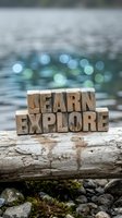 Wooden letterpress blocks spelling LEARN EXPLORE on driftwood log by sparkling water with bokeh lights for educational and motivational content.