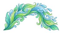 Flowing water splash with decorative swirls and leaves in blue and green colors on white background for eco-friendly design projects and nature themes.