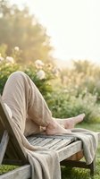 Person relaxing outdoors in garden chair with feet up, wrapped in cozy blanket, enjoying peaceful summer afternoon surrounded by blooming flowers and green nature.