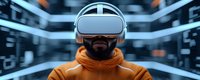 African American man in orange hoodie wearing virtual reality headset against futuristic blue background with geometric patterns and bokeh lighting effects.