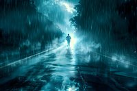 Silhouette of lone runner on wet reflective road during heavy rain at night, dramatic teal moonlight breaking through storm clouds creates atmospheric scene.