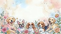 Watercolor group of cute dogs with flowers and paw prints on pastel background with copy space for text or greeting card design.