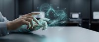 Hands interacting with holographic digital network interface displaying connected nodes and data visualization on modern workspace table.