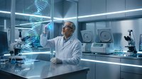 Middle-aged Caucasian male scientist in white lab coat examining holographic DNA double helix structure in modern futuristic laboratory with advanced equipment.