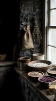 Rustic kitchen still life with dried herbs, legumes and grains in wooden bowls on weathered stone shelf near window, farmhouse interior design.