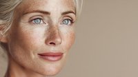Close-up portrait of mature woman with blonde hair, freckles, and blue eyes against neutral beige background, showcasing natural beauty and aging gracefully.