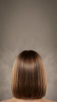 Woman with shoulder-length straight brown hair, rear view, showcasing sleek styling and hair care results for salon, beauty, and wellness marketing purposes.