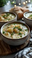 Creamy potato soup with herbs in rustic ceramic bowls on wooden board, cozy dinner setting with soft bokeh lights in background.
