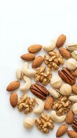 Mixed nuts collection with almonds, walnuts, cashews and pecans scattered on white background for healthy snacking and cooking recipes.