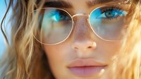 Young blonde woman wearing trendy eyeglasses with blue light reflection, close-up portrait with natural makeup and wavy hair in warm sunlight.
