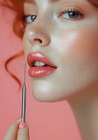 Close-up of young woman with freckles and blue eyes getting professional lip makeup application with brush against pink background, highlighting glossy coral lipstick.
