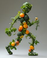 Creative figure made from fresh citrus fruits and green leaves arranged in human form running, against neutral background. Dynamic food art composition.