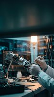 Engineer examining robotic arm with holographic interface displays in futuristic laboratory workspace for technology development and automation research.
