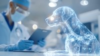 Digital hologram of dog in veterinary clinic with doctor reviewing medical charts in background, glowing blue wireframe animal projection technology.