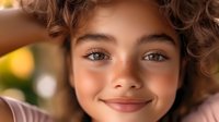 Young girl with curly brown hair and freckles smiling warmly at camera against blurred golden background, natural beauty portrait showcasing genuine happiness and innocence.