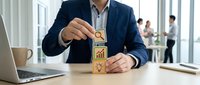 Businessman in navy blazer stacking wooden blocks with business icons, representing growth strategy and financial planning in modern office setting.