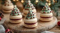 Festive Christmas tree macarons with green frosting and red decorative pearls arranged on wooden board with holiday lights creating warm bokeh background.