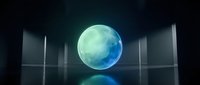 Glowing blue-green sphere floating in dark modern space with reflective floor and vertical light panels, representing global technology and digital innovation.