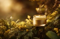 Luxury skincare cream jar nestled among golden pine branches with warm sunlight creating elegant natural beauty product display for cosmetic branding.