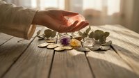 Hands protecting healing crystals and gemstones on wooden surface with warm sunlight for spiritual wellness and energy cleansing practices.