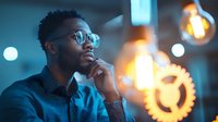 Young African American businessman in glasses thinking thoughtfully with glowing gear wheels and light bulbs, representing innovation and creative problem solving.