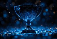Digital trophy cup composed of glowing blue particles and light effects against dark background with bokeh lights and sparkles creating futuristic sports award atmosphere.