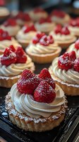 Mini strawberry tarts with fresh berries and whipped cream filling, dusted with powdered sugar on dark background, close-up view of delicate pastries.