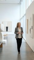 Woman in business casual attire walking through contemporary art gallery with minimalist paintings and sculptures, exploring modern artwork in bright, open exhibition space.