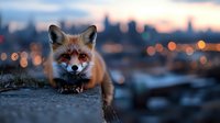 Red fox crouching on urban ledge against blurred city lights and sunset skyline background, creating dramatic wildlife contrast in metropolitan setting.