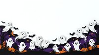 Spooky ghost characters with jack-o-lantern pumpkins, bats, and purple haunted landscape border on white background for Halloween designs.