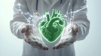 Glowing green anatomical heart hologram floating between medical professional's hands against light background, representing advanced cardiac care technology.