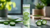 Fresh cucumber mint sparkling water in tall glass with ice and sliced cucumber. Natural light, minimalist composition on white surface with green plants.