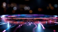 Futuristic glowing circular platform with radiating light beams and bokeh effects in pink and blue colors against dark background creates sci-fi atmosphere.