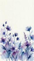 Watercolor purple and blue wildflowers border on light textured background for wedding invitations, greeting cards and feminine design projects.