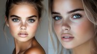 Close up portrait of young woman with natural freckles, glowing skin, blue eyes and nude makeup in soft lighting against neutral background. Side by side beauty shots.