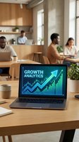 Growth analytics displayed on laptop screen in modern office workspace with diverse team collaborating in background, representing business data analysis and financial performance metrics.