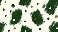 Abstract brush strokes in dark green with scattered gold, black and white polka dots on white background create modern artistic pattern for fabric and wallpaper design.
