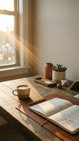 Cozy morning workspace with open journal, coffee mug, and succulent on rustic wooden desk bathed in warm golden sunlight from window.