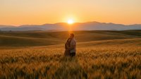 Young man standing in golden wheat field during sunset with mountain landscape backdrop creating peaceful rural farming scene.